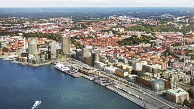 Så här ska den nya stadsdelen i centrala Göteborg se ut när den är klar om fem år. I förgrunden på bilden ligger i dag Stena- terminalen.