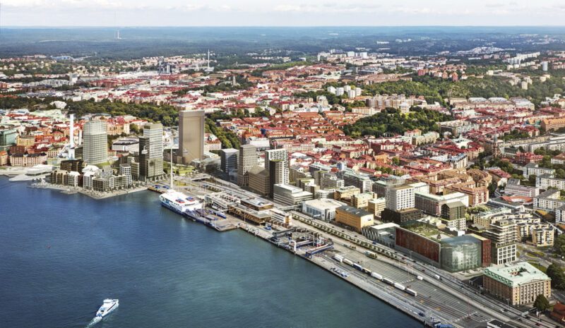 Så här ska den nya stadsdelen i centrala Göteborg se ut när den är klar om fem år. I förgrunden på bilden ligger i dag Stena- terminalen.