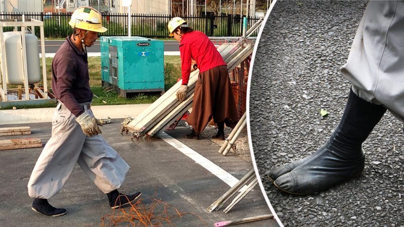 Montage: Japanska byggarbetare och jika-tabi-skor.