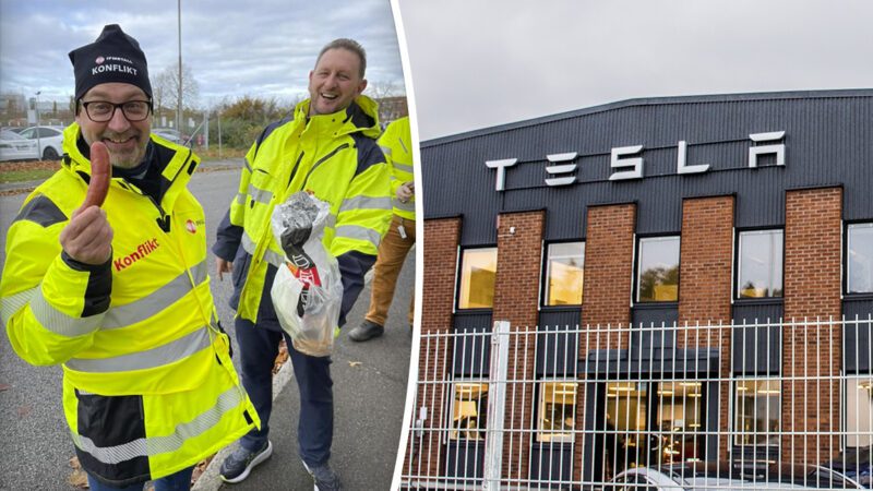 Byggnads Skåne stöttar strejken mot Tesla i Malmö, bjuder på korv.