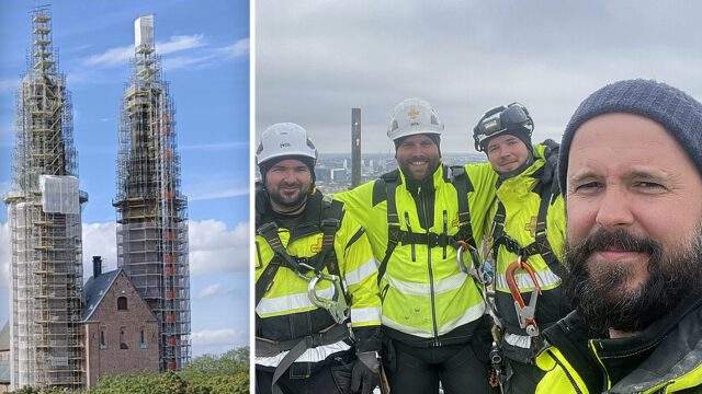 Thomas Mouton och kollegorna från Plusmontage byggde ställning på Högalidskyrkan i Stockholm.