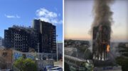 Kollage: Flerfamiljshuset i Valencia och Grenfell Towers i London, bägge brandhärjade.