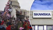 Trumps anhängare stormar Kapitolium, Skanskas logotyp infälld.