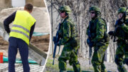 Bilden är delad i två sektioner. Till vänster syns en byggarbetare i reflekterande gul väst och mörka arbetskläder som står vid vad som ser ut att vara en byggarbetsplats med sand eller grus i bakgrunden. Personen håller eller arbetar med något som liknar ett rör eller verktyg. Till höger syns tre soldater i kamouflageuniformer (i grönt mönster som liknar svensk militäruniform) som går längs en väg eller stig. De bär hjälmar, solglasögon och automatvapen. I bakgrunden syns ett nät eller kamouflagenät mot en byggnad eller struktur. Bilden illustrerar kontrasten mellan civil arbetskraft och militär personal - två olika yrkeskategorier i samhället.