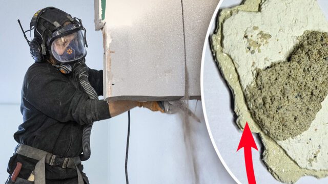 Oliwer Carinci river en betongvägg på ett bygge i Linköping. Till höger visas en bild på asbest i puts, som man upptäckt på ett bygge i Västsverige.