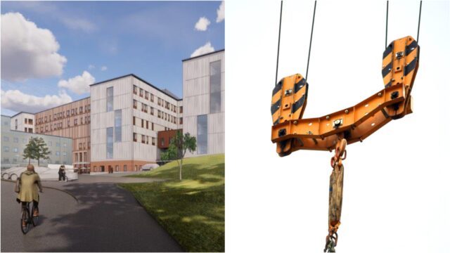 Bild på hur det nya sjukhuset i Skellefteå ska se ut och en bild på en del av en lyftkran