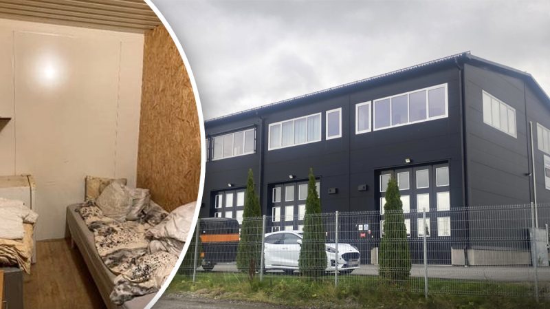 Splitbild: Insidan av ett av bostadsrummen, en enkel säng och väggar av träskivor. Fasaden på industribyggnaden.