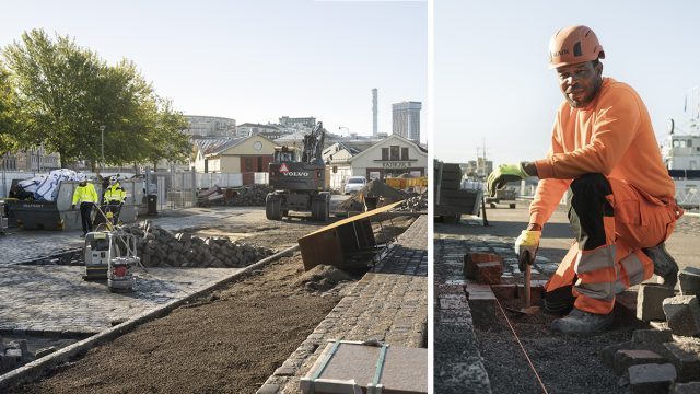 Adérito Borges, stenläggare, vid Packhuskajen i Göteborg.