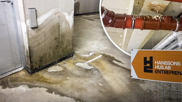 Garaget har svämmat över i nybygget i Bandhagen. Infällt: Bajsvatten har sprutat upp i taket.