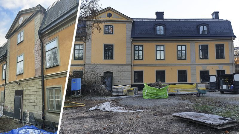 Hovings malmgård fasad, före och efter renoveringen.