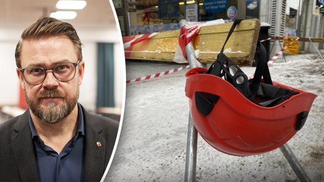 En bygghjälm hänger på en avspärrning. Infälld: Kim Söderström.