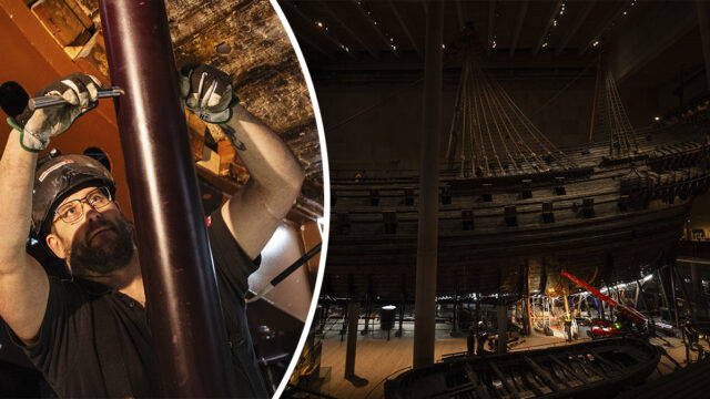 Montören Jimmy Herneheim jobbar med att stötta upp Vasaskeppet.