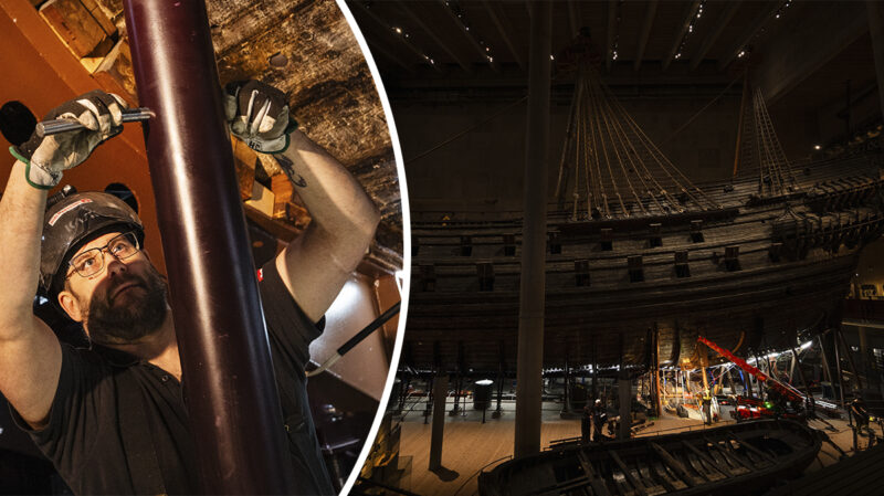 Montören Jimmy Herneheim jobbar med att stötta upp Vasaskeppet.