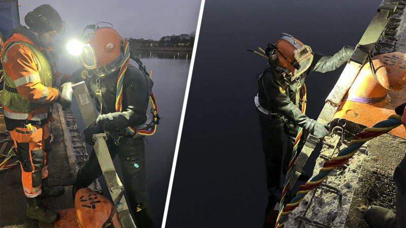 Splitbild på dykaren Thomas Hedström på väg ner i vattnet.