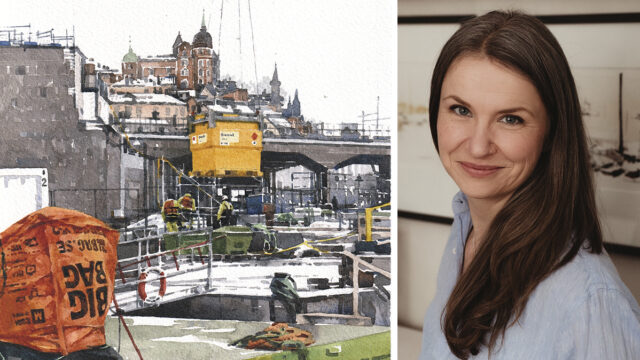 Elisabeth Biström målar akvarell av Slussen-bygget