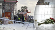 Utredare står vid hissen som rasat i Sundbyberg. I bilden till höger har någon lagt ned rosor.