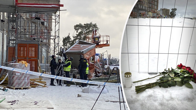 Utredare står vid hissen som rasat i Sundbyberg. I bilden till höger har någon lagt ned rosor.