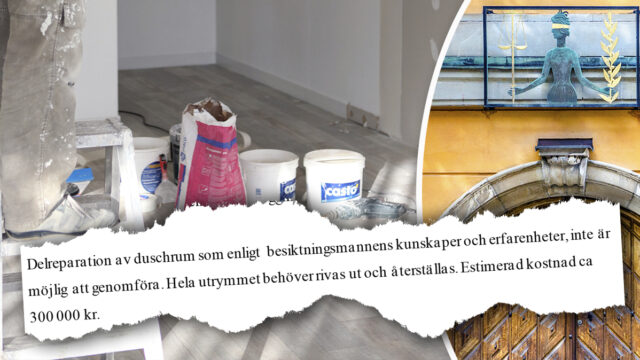 Splitbild på renoveringsarbete och porten till Stockholms tingsrätt. Över bilden utklipp för domen om att badrummet måste totalrenoveras.