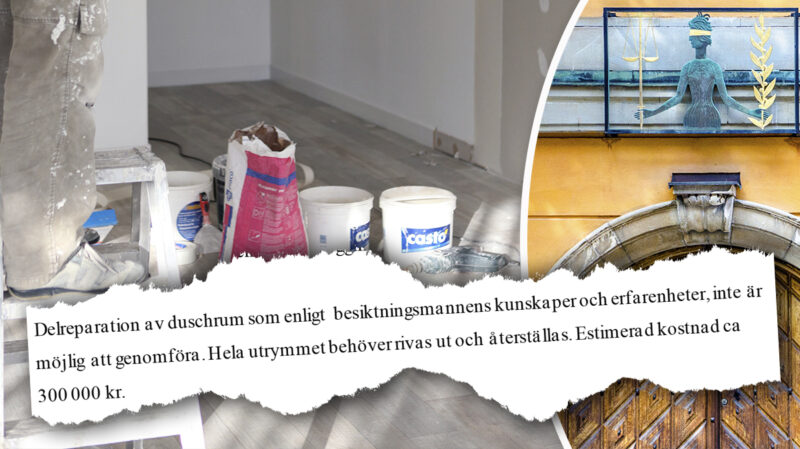 Splitbild på renoveringsarbete och porten till Stockholms tingsrätt. Över bilden utklipp för domen om att badrummet måste totalrenoveras.
