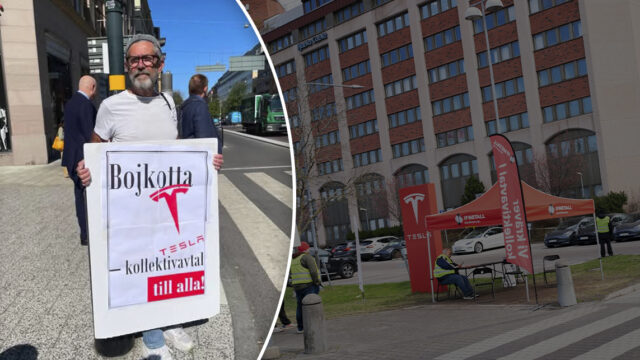 Protest utanför Teslas showroom i Stockholm.