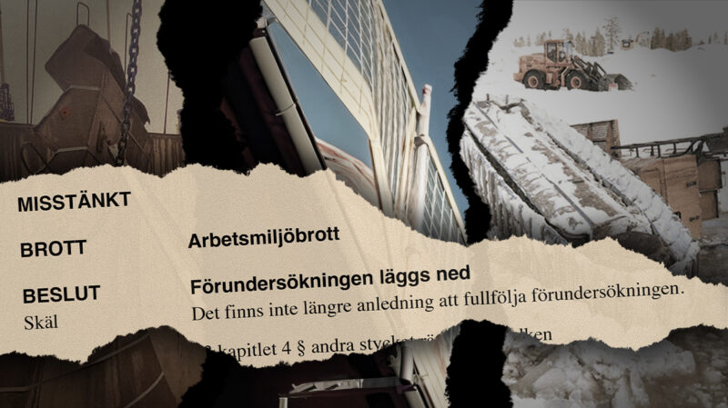 Bilder från dödsolyckor på byggarbetsplatser. Över en del av ett domstolsdokument om att förundersökningen läggs ned.